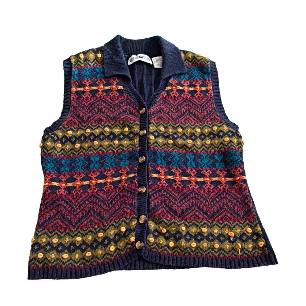 White Stag Women Fair Isle Collared Button-Front Sweater Vest Ramie/Cotton L